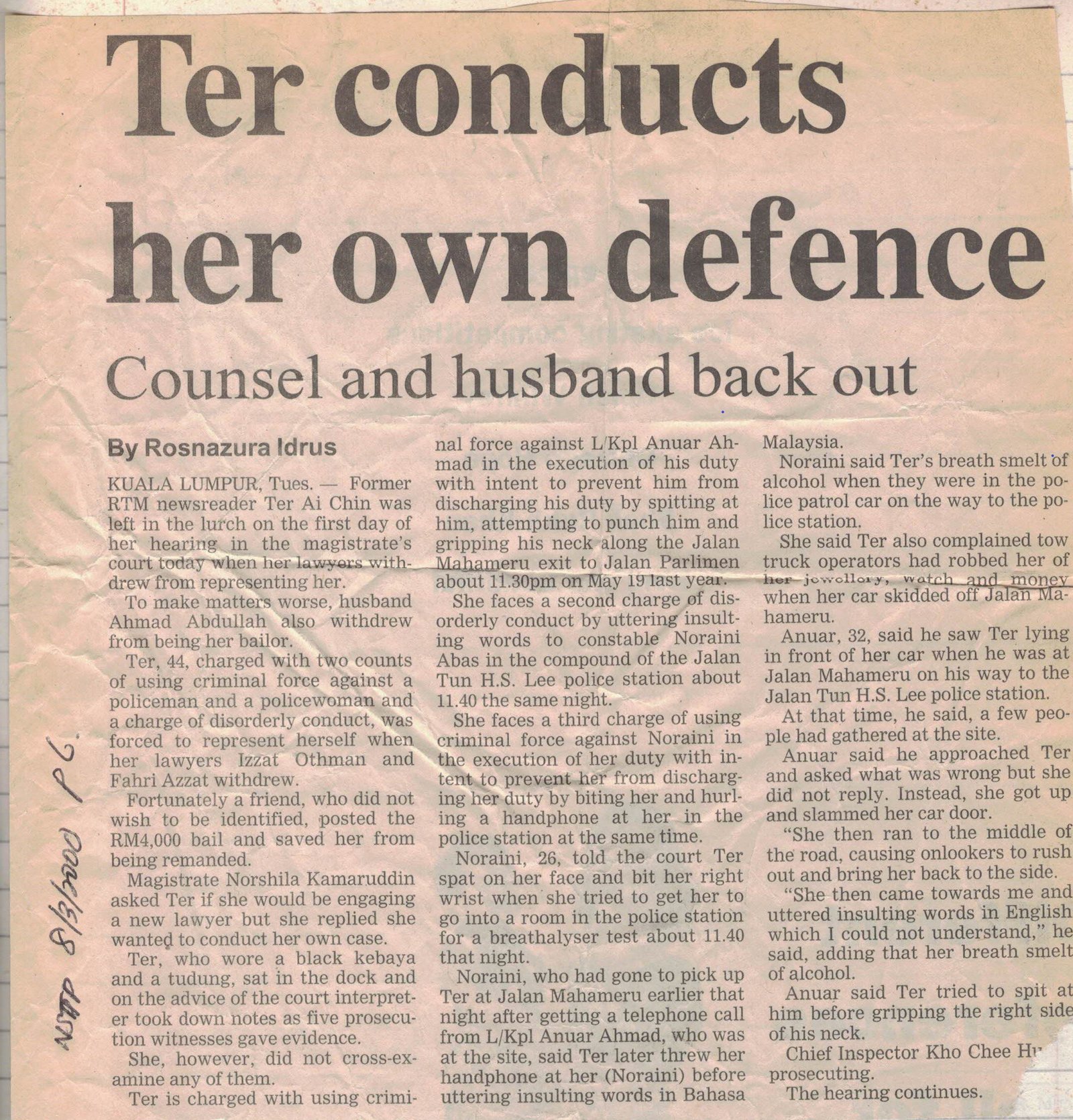 'Ter Conducts her own defence'