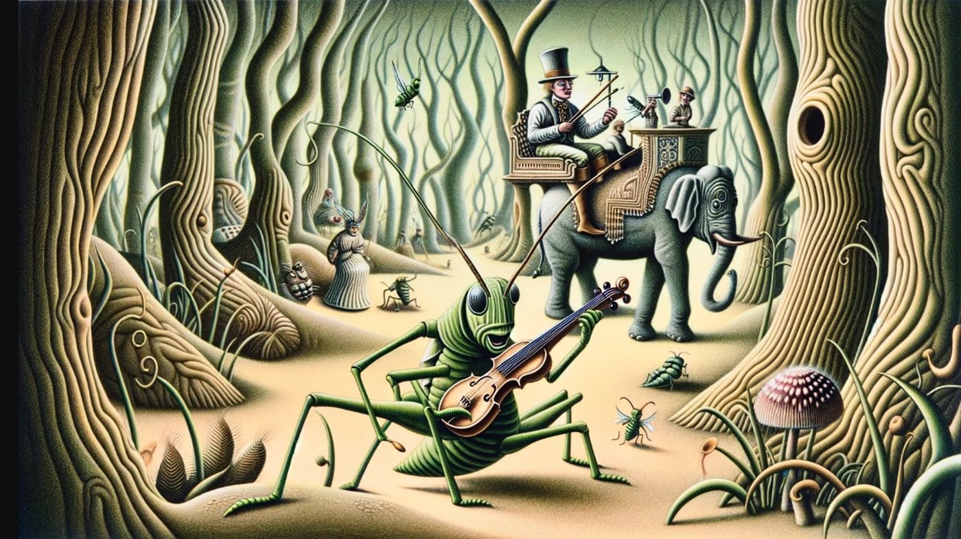 Surreal grasshopper and elephant.